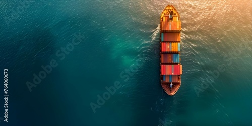 Aerial view of cargo ship filled with containers on a global voyage. Concept Global Shipping, Cargo Transport, Aerial View, Shipping Containers, International Trade