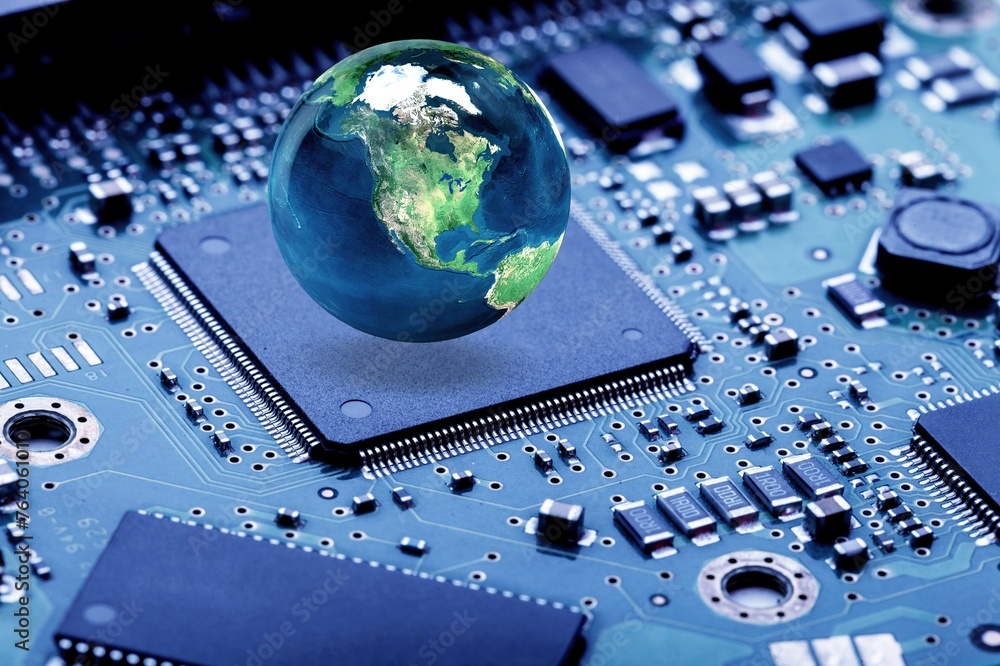 Concept of technology globe on data circuit board Concept of technology globe on data circuit board