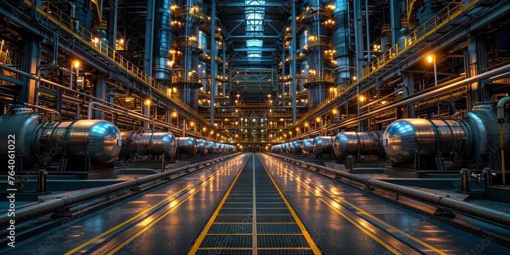 A huge steel mill illuminated at night, with pipelines, equipment and modern technology indoors.