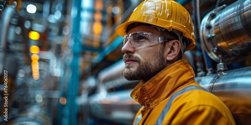 A focused young specialist in a yellow helmet stands on an industrial site, monitoring production and safety.