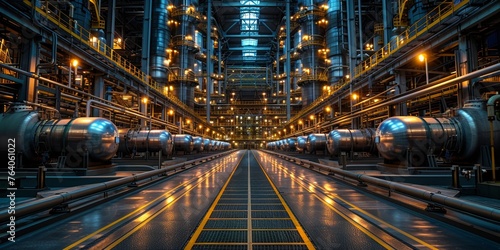 A huge steel mill illuminated at night, with pipelines, equipment and modern technology indoors.