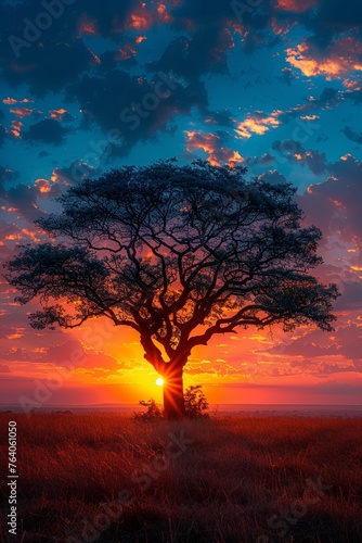 As the sun dips below the horizon, casting a warm glow, a lone tree stands in the tranquil African savannah.