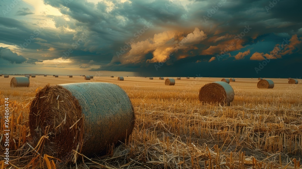 Field of corn bales under stormy sky. Generative AI.