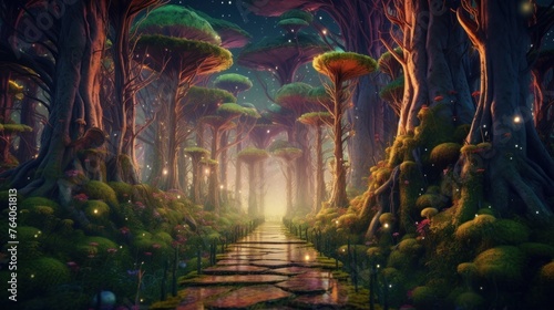 A surreal digital forest with trees made of shimmerin.