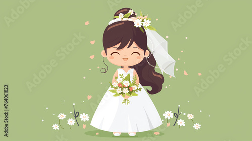 Noiva de vestido branco segurando um buque de flores isolada no fundo verde - Ilustração no estilo Chibi photo