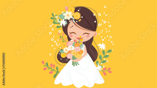 Noiva de vestido branco segurando um buque de flores isolada no fundo amarelo - Ilustra    o no estilo Chibi