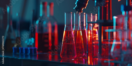 Pharmacy and chemistry theme Test glass flask with solution in research laboratory Science and medical background Laboratory test tubes on dark toned background , science research equipment concept. photo