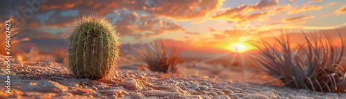 A cactus plant in the desert at sunset , Cacti at sunrise in desert