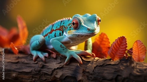 Colorful chameleon in natural habitat with copy space, exotic wildlife photography