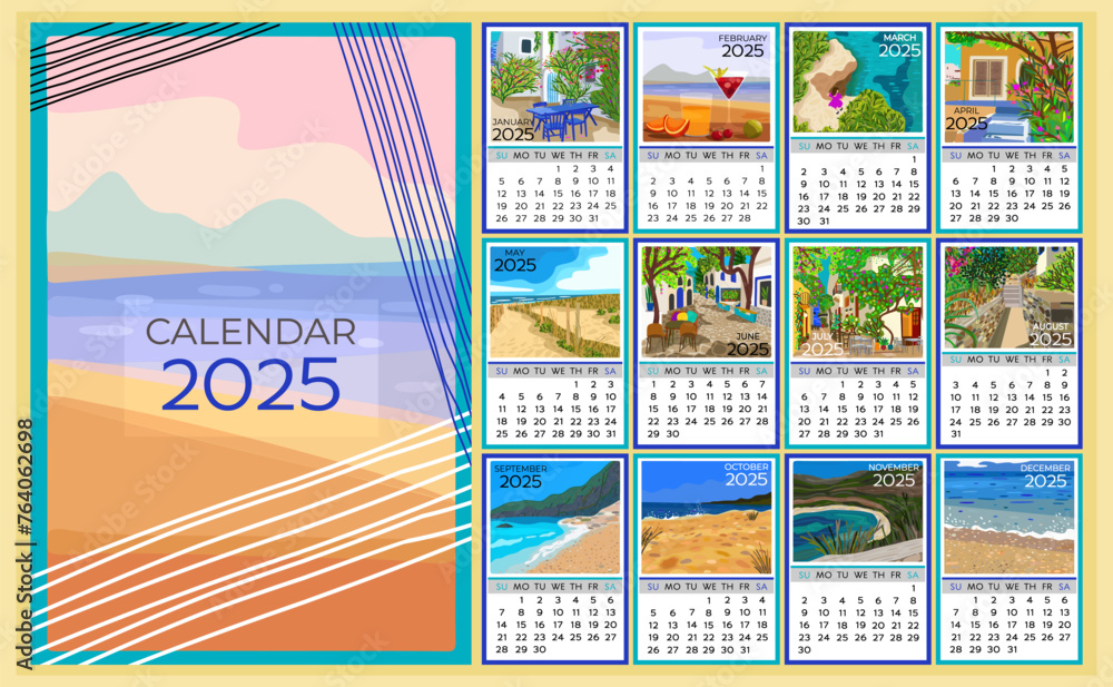 Calendar 2025. Colorful monthly calendar with various southern landscapes. Cover and 12 monthly pages. Week starts on Sunday, vector illustration. A4 pages.