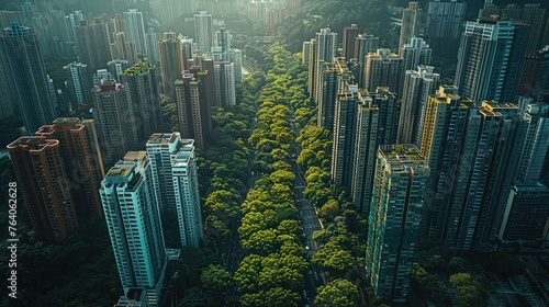 Environmentally friendly green city, Aerial high view. Generative AI.
