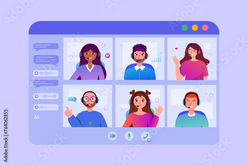 Video conference. Cartoon group of colleagues in virtual team chat work online call center online in flat vector style