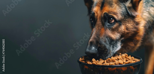 German Shepherd over a bowl of dog food, on a black background.