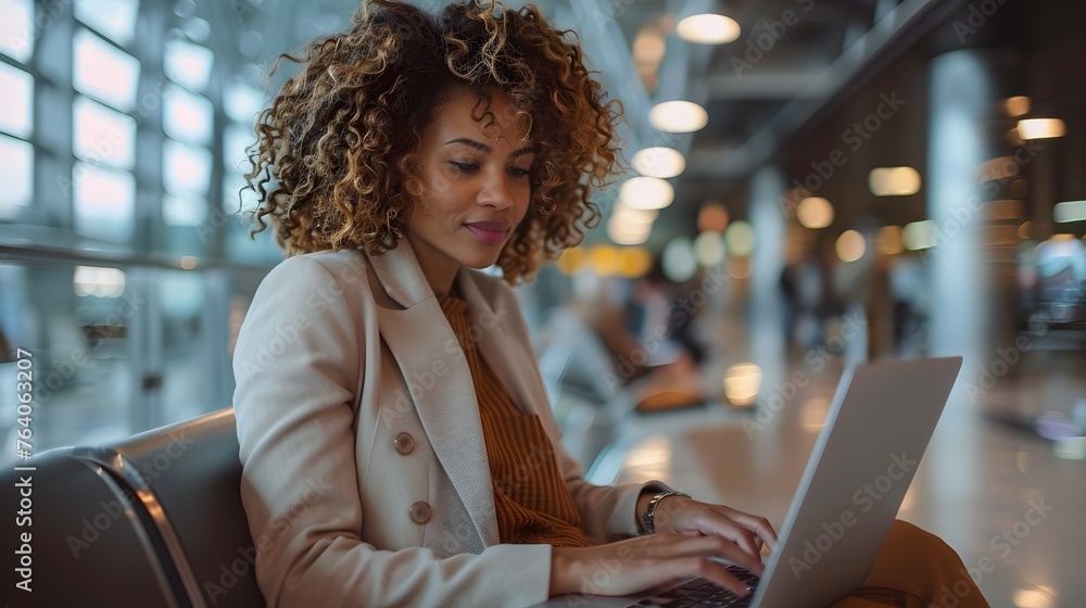 Businesswoman Works Remotely on Laptop While Waiting for Next Flight to Business Meeting at Airport Businesswoman Works Remotely on Laptop While Waiting for Next Flight to Business Meeting at Airport
