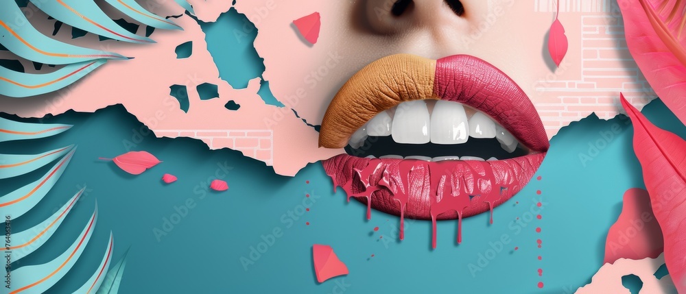 A grunge collage banner with a mouth announcing a crazy promotion. Doodle elements on a retro poster design. Modern advertising poster design with space for text. - obrazy, fototapety, plakaty 