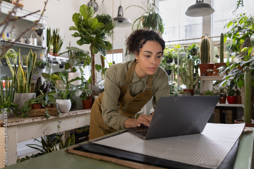 Young entrepreneur using a laptop computer in her small business plant shop Young entrepreneur using a laptop computer in her small business plant shop