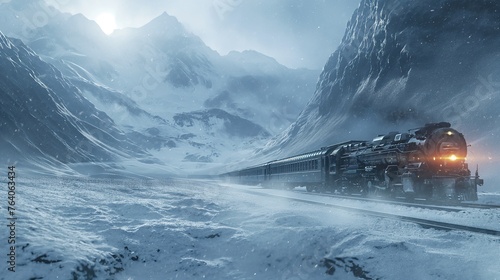 Futuristic trains glide through a pristine snowscape, where technology meets the tranquility of nature