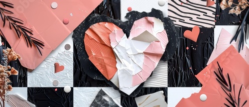 This is a puzzle heart in a contemporary collage style. It has a black checkered background with a paper texture. It's a Durk popart illustration. photo