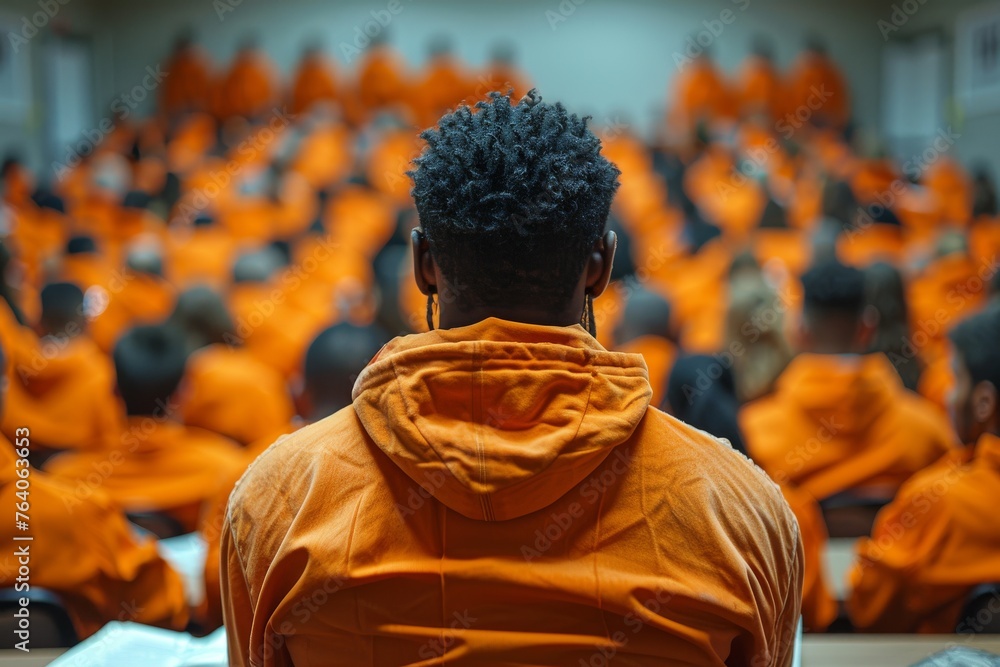 Poignant image of a solitary man in an orange jacket facing an orange-clad crowd from behind Poignant image of a solitary man in an orange jacket facing an orange-clad crowd from behind