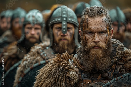 Intense close-up of Viking warriors in historical costumes with determined expressions