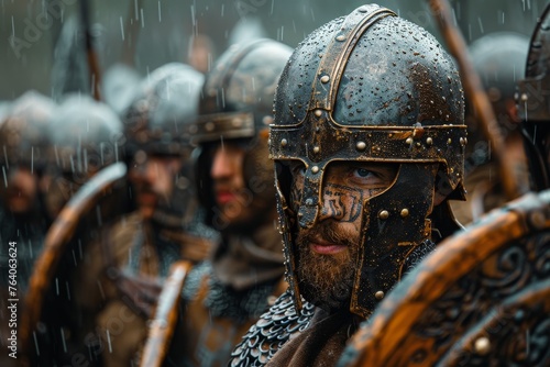 Rain pours down on medieval warriors, adding drama to the atmospheric battle preparations