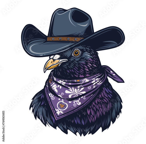 Pigeon Head wearing wearing cowboy hat and bandana around neck