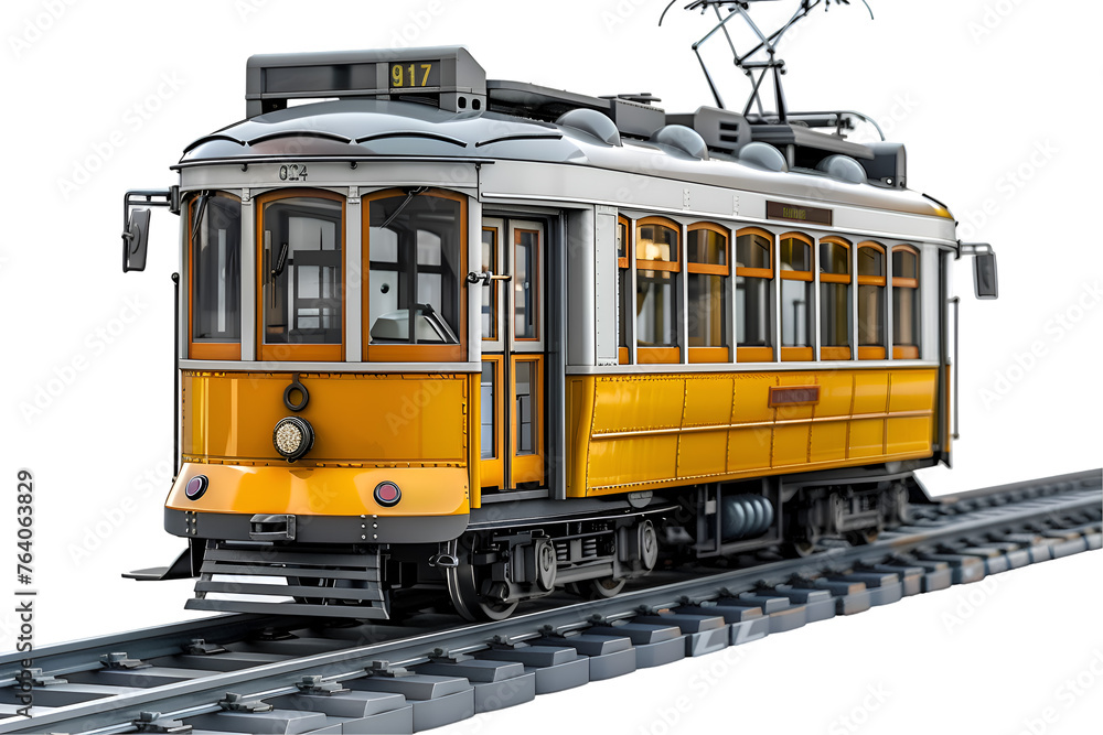A 3D animated cartoon render of a grey trolley car on tracks.