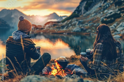 Two people relax by a lake, sipping hot beverages while a bonfire crackles in the foreground against a mountain backdrop
