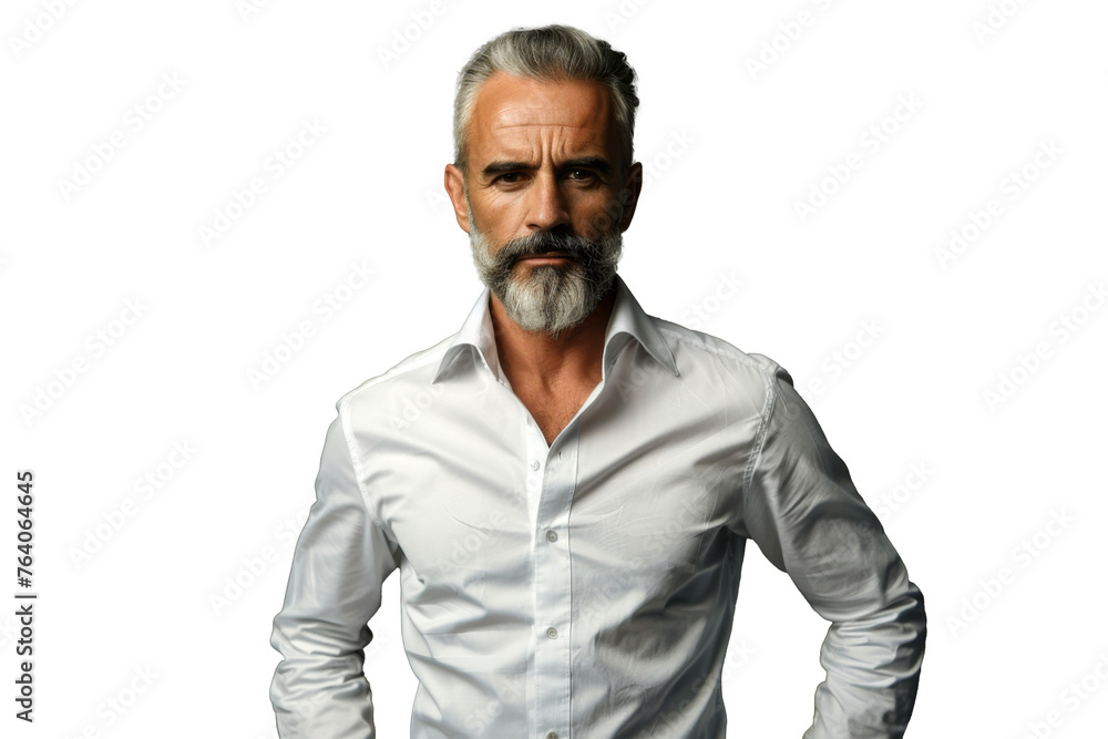 Fototapeta premium Portrait studio Smart and healthy senior business man wearing suit and t shirt that posing and smiling relaxedly isolated on transparent png background.