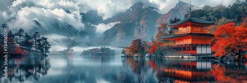 Amidst the Asian landscape, a tranquil lake reflects the vibrant colors of autumn foliage, offering a serene vacation spot. photo