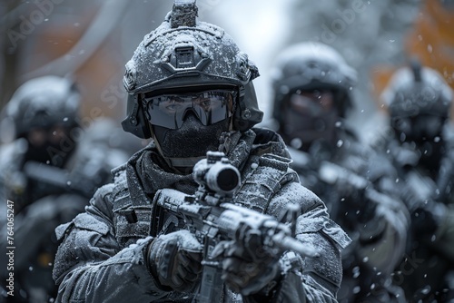 A group of armed soldiers in full tactical gear stand covered in snow, signifying readiness and defense in harsh conditions