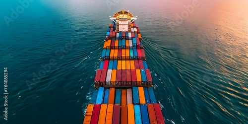Aerial Perspective of Cargo Ship Laden with Containers on Worldwide Journey. Concept Cargo Ship, Containers, Aerial View, Worldwide Journey, Shipping Industry