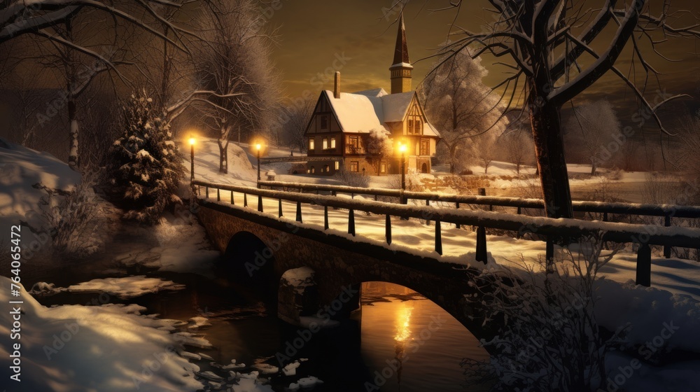 Empty bridge over frozen river Hornad in Slovak paradise. Winter time. - obrazy, fototapety, plakaty 