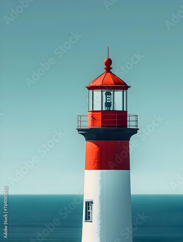 Minimal red top of the lighthouse on a blue sky background. High quality