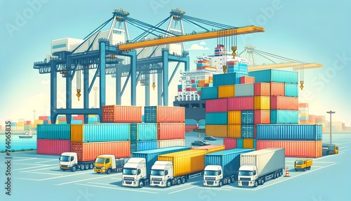 Illustration of colorful cargo containers being loaded and unloaded at a bustling port with ships and trucks.
