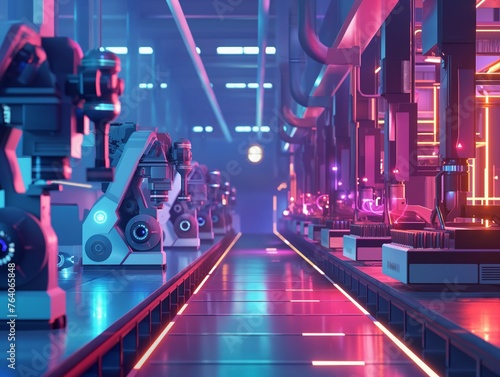 A neon-lit futuristic industrial scene with advanced robotic machinery lining the corridor.
