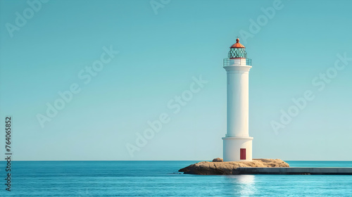 Minimal white lighthouse on a blue sky background. High quality