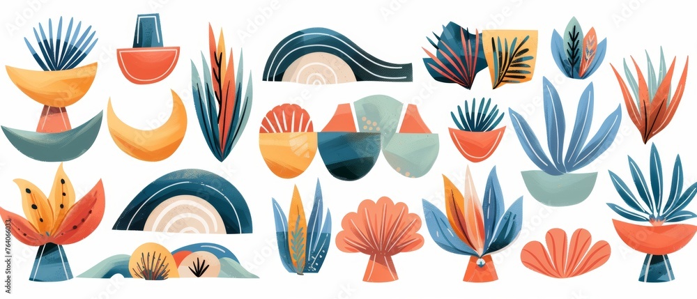 These are a collection of cut-out abstract shapes in a naive style. Modern illustration with texture in wave, crowns, moon, and irregular organic shapes.