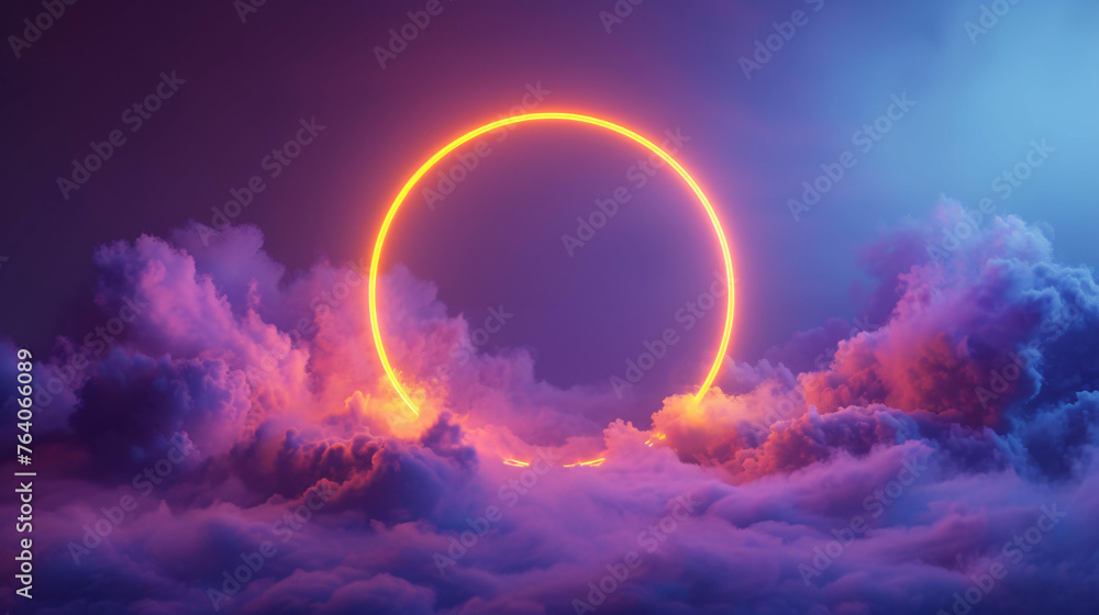 abstract neon cloud and neon light ring in the dark night sky