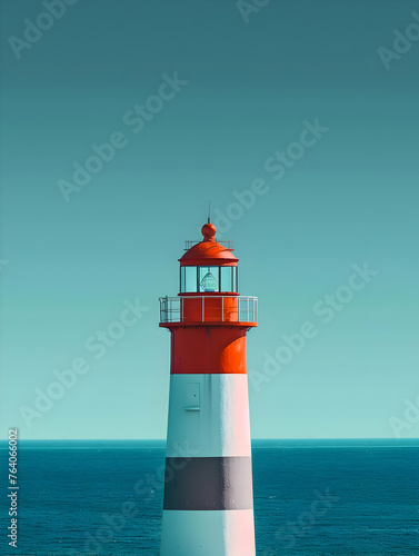 Minimal red and white lighthouse on a blue sky background. High quality