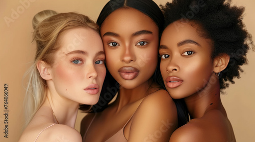 group of beautiful multicultural woman with perfect skin in front of beige studio background. Skin care treatment advertisement