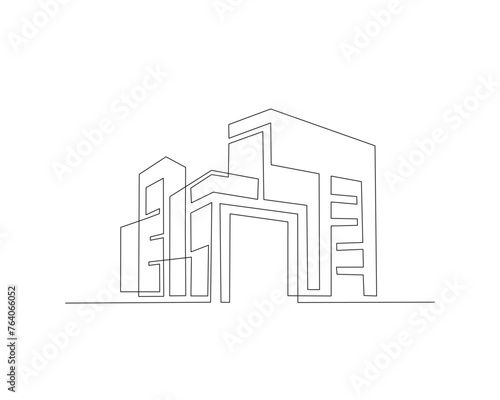 Continuous one line drawing of modern house architecture. Flat roof house or commercial building in single line vector illustration. Editable stroke.