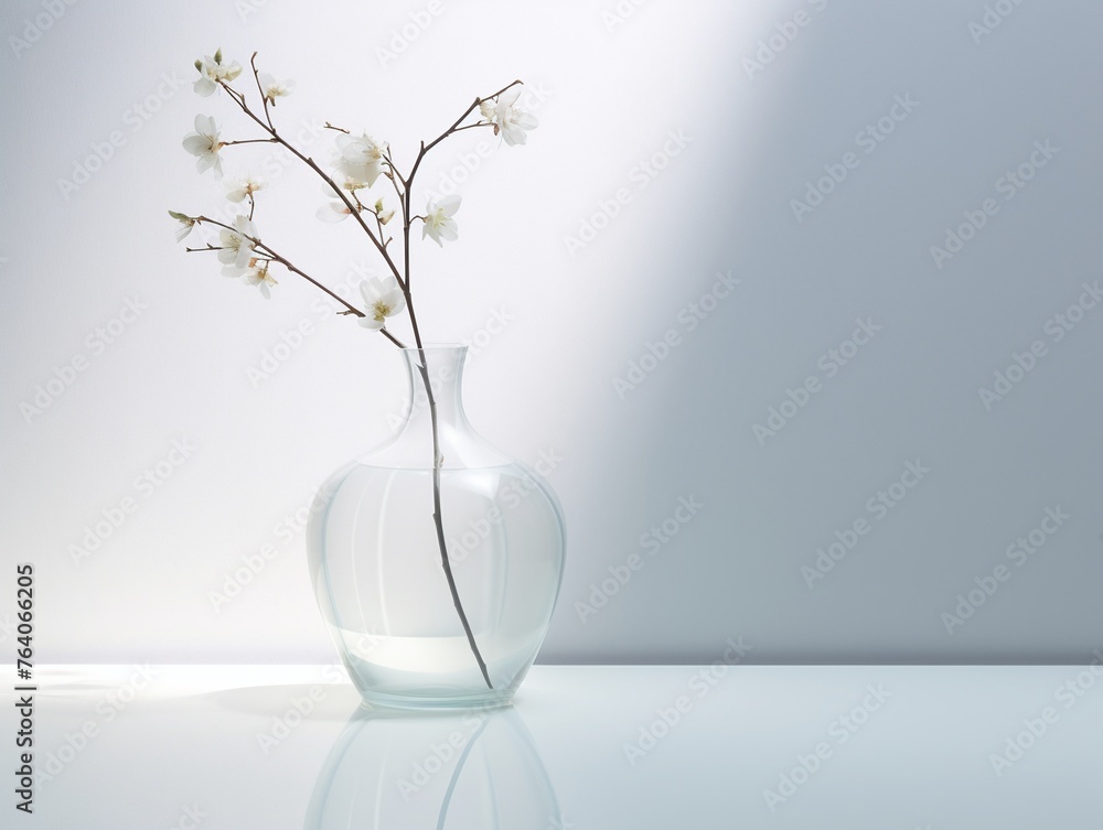 A simple glass vase on a reflective white surface. In the background is a soft