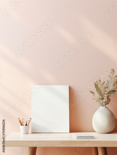 A blank notebook on a minimalist desk. In the background is a clear pastel-colored wall. Stylish in the style of sparse