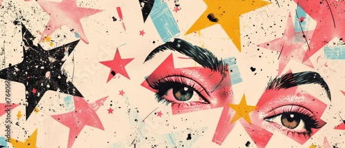 Stylish seamless pattern with irregular stars. Texured background and halftone eyes. Grunge modern illustration.