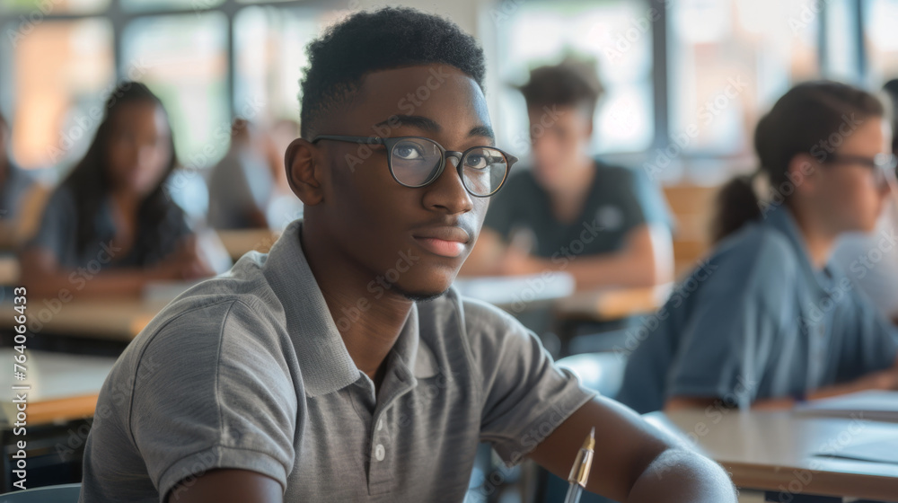 A young male student with glasses engrossed in writing during a classroom exam. A young male student with glasses engrossed in writing during a classroom exam.