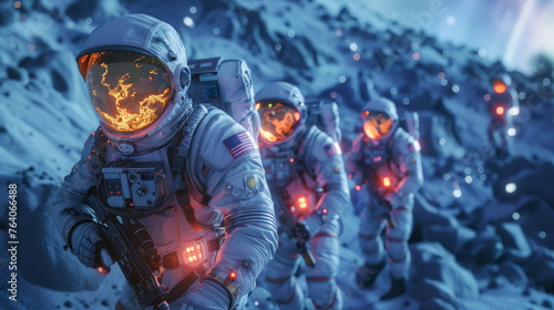 A squad of astronauts presses forward in a blue-hued landscape with fiery eruptions and particles