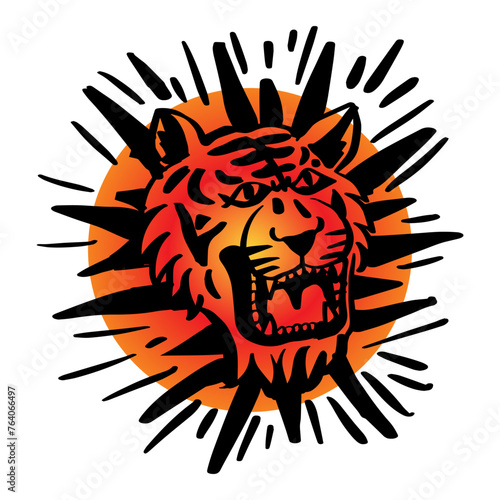 Tiger head logo with sunburst. Vector illustration for your design