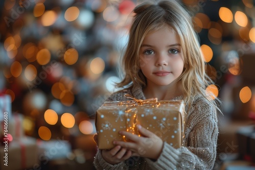 A little girl holding a present, her face lit by its glow, with blurred Christmas lights creating a festive bokeh effect
