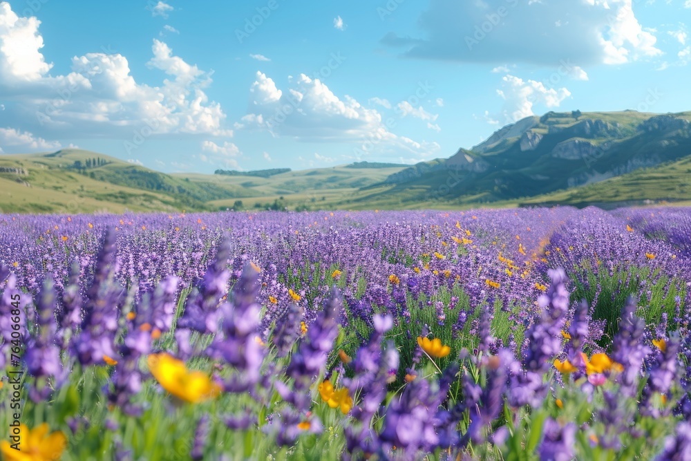 An enchanting view of a lush lavender field stretching towards distant rolling hills and a bright blue sky
